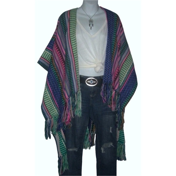 America & Beyond Poncho Blanket Southwestern Bohemian Shawl Cardi Duster Boho M - Picture 7 of 13